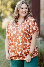 Load image into Gallery viewer, Orange Plus Size Floral Print Drawstring V Neck Short Sleeve Blouse | Plus Size/Plus Size Tops/Plus Size Blouses &amp; Shirts
