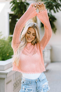 Pink Sweater | Pink Hollowed Eyelets Knit Bell Sleeve