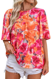 Fiery Red Floral Print Wide Sleeve Blouse | Tops/Blouses & Shirts