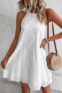 White Boho Eyelet Pattern Halter Neck Sleeveless Dress | Dresses/Mini Dresses