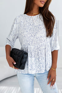 White Retro Floral Printed 3/4 Puff Sleeve Blouse | Tops/Blouses & Shirts