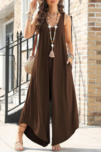 Womens Jumpsuit-Pocketed Scoop Neck Wide Leg Jumpsuit