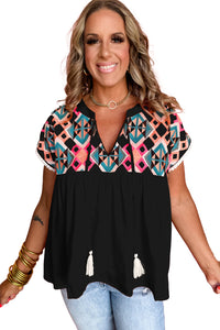 Black Geometric Embroidered Tassel Tie V Neck Blouse | Tops/Blouses & Shirts