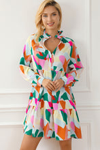 Load image into Gallery viewer, Multicolour Geometric Print Stand Neck Balloon Sleeve Ruffled Dress
