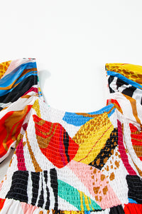 White Square Neck Smocked Abstract Print Boho Maxi Dress | Dresses/Maxi Dresses