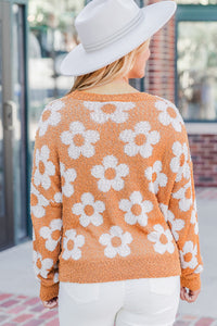 Grapefruit Orange Fuzzy Floral Knitted Drop Shoulder Sweater | Tops/Sweaters & Cardigans