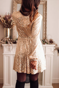 Sequin Dress | Apricot Wrapped V-neck Dress