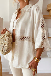 Crochet Patchwork Top | White Half Sleeve Scallop Edge Shirt