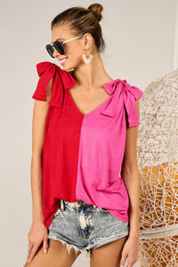 Ribbon Tied Contrast Pink Red Top