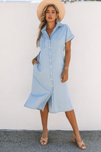 Load image into Gallery viewer, Sky Blue Chambray Shirt Short Sleeves Midi Dress
