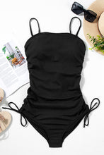 Load image into Gallery viewer, Black Ribbed Drawstring Sides Cutout One Piece Swimsuit | Swimwear/One Piece Swimsuit
