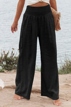 Load image into Gallery viewer, Black Shirred High Waist Plus Size Wide Leg Pants | Plus Size/Plus Size Bottoms
