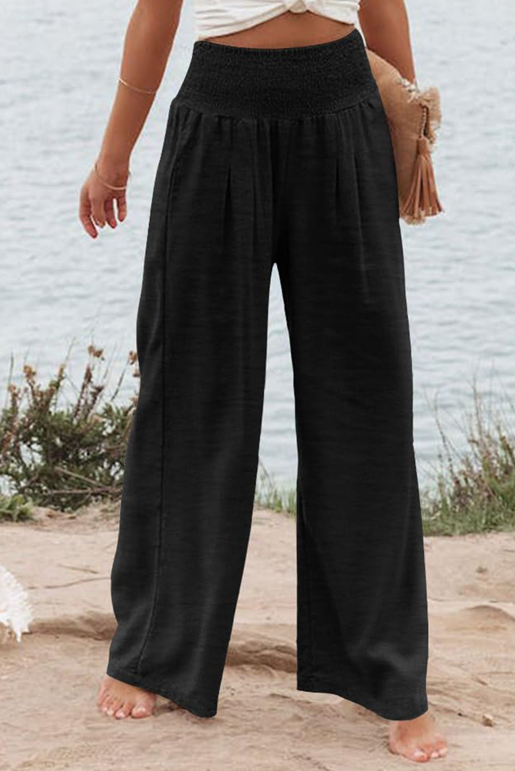 Black Shirred High Waist Plus Size Wide Leg Pants | Plus Size/Plus Size Bottoms