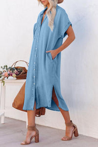Womens Denim Dress | Slit Button Up Short Sleeve Denim Dress