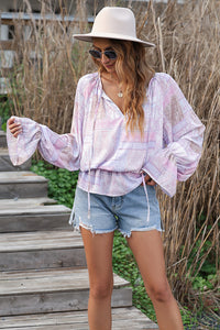 Purple Mixed Print Split Neck Ruffle Bubble Sleeve Blouse | Tops/Blouses & Shirts