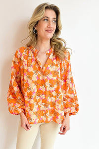 Floral Print Top | Orange Loose Sleeve Shirt