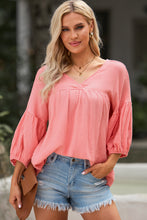 Load image into Gallery viewer, Pink Textured V Neck Bracelet Sleeve Babydoll Blouse | Tops/Blouses &amp; Shirts
