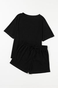 Drawstring Shorts Set | Black Casual Textured Tee and Shorts