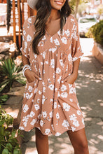 Load image into Gallery viewer, Khaki V Neck Floral Babydoll Dress with Pockets | Dresses/Mini Dresses
