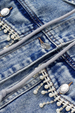 Load image into Gallery viewer, Sky Blue Rhinestone Fringed Hooded Denim Jacket
