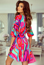 Load image into Gallery viewer, Multicolor Abstract Printed V Neck Dolman Sleeve Ruffle Wrap Dress | Dresses/Mini Dresses
