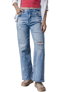 Light Blue High Rise Distressed Straight Leg Jeans | Bottoms/Jeans