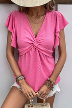 Load image into Gallery viewer, Lipstick Pink Top | Twisted V-Neck Flutter Sleeve Blouse
