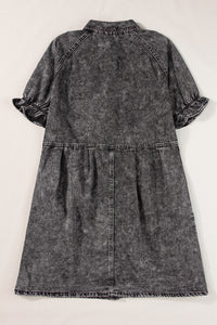 Denim Dress | Medium Grey Mineral Wash Ruffled Short Sleeve