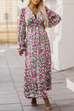 Load image into Gallery viewer, Green Floral Print Deep V Neck Ruched Cinched Waist Maxi Dress | Dresses/Floral Dresses
