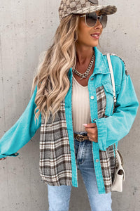 Sky Blue Plaid Patchwork Pockets Denim Jacket | Outerwear/Denim jackets