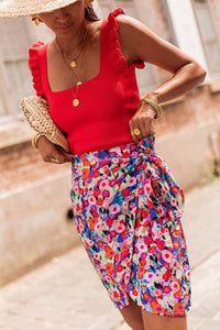 Mini Skirt | Red Floral Wrapped Lace up Skirt