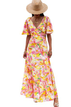 Load image into Gallery viewer, Pink Bohemian Flutter Sleeve Cut out Floral Maxi Dress | Dresses/Maxi Dresses
