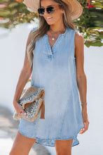 Load image into Gallery viewer, Beau Blue Light Wash Split Neck Sleeveless Chambray Dress | Dresses/Mini Dresses
