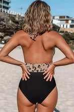 Load image into Gallery viewer, Black Leopard Halter Backless Plunge V Neck One Piece Swimsuit | Swimwear/One Piece Swimsuit
