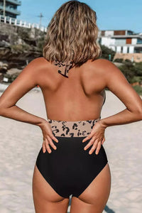 Black Leopard Halter Backless Plunge V Neck One Piece Swimsuit | Swimwear/One Piece Swimsuit