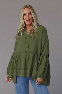 Green Henley Button Drop Shoulder Top