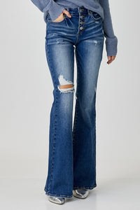 RISEN Distressed Button-Fly Flare Jeans