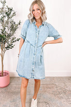 Load image into Gallery viewer, Beau Blue Mineral Wash Ruffled Short Sleeve Buttoned Denim Dress | Dresses/Mini Dresses
