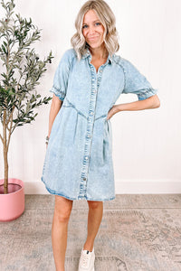 Beau Blue Mineral Wash Ruffled Short Sleeve Buttoned Denim Dress | Dresses/Mini Dresses