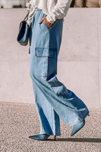 Load image into Gallery viewer, Sky Blue Drawstring High Waist Cargo Pocket Wide Leg Jeans | Bottoms/Jeans
