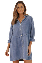 Load image into Gallery viewer, Sky Blue Buttoned Long Sleeve Denim Mini Dress | Dresses/Mini Dresses
