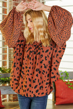 Load image into Gallery viewer, Brown Contrast Leopard Print Bubble Sleeve Blouse | Tops/Blouses &amp; Shirts
