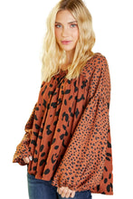 Load image into Gallery viewer, Brown Contrast Leopard Print Bubble Sleeve Blouse | Tops/Blouses &amp; Shirts
