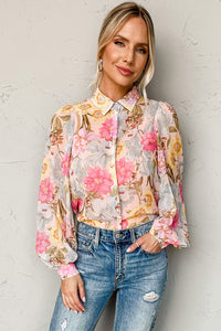 Pink All Floral Puff Sleeve Collared Shirt | Tops/Blouses & Shirts