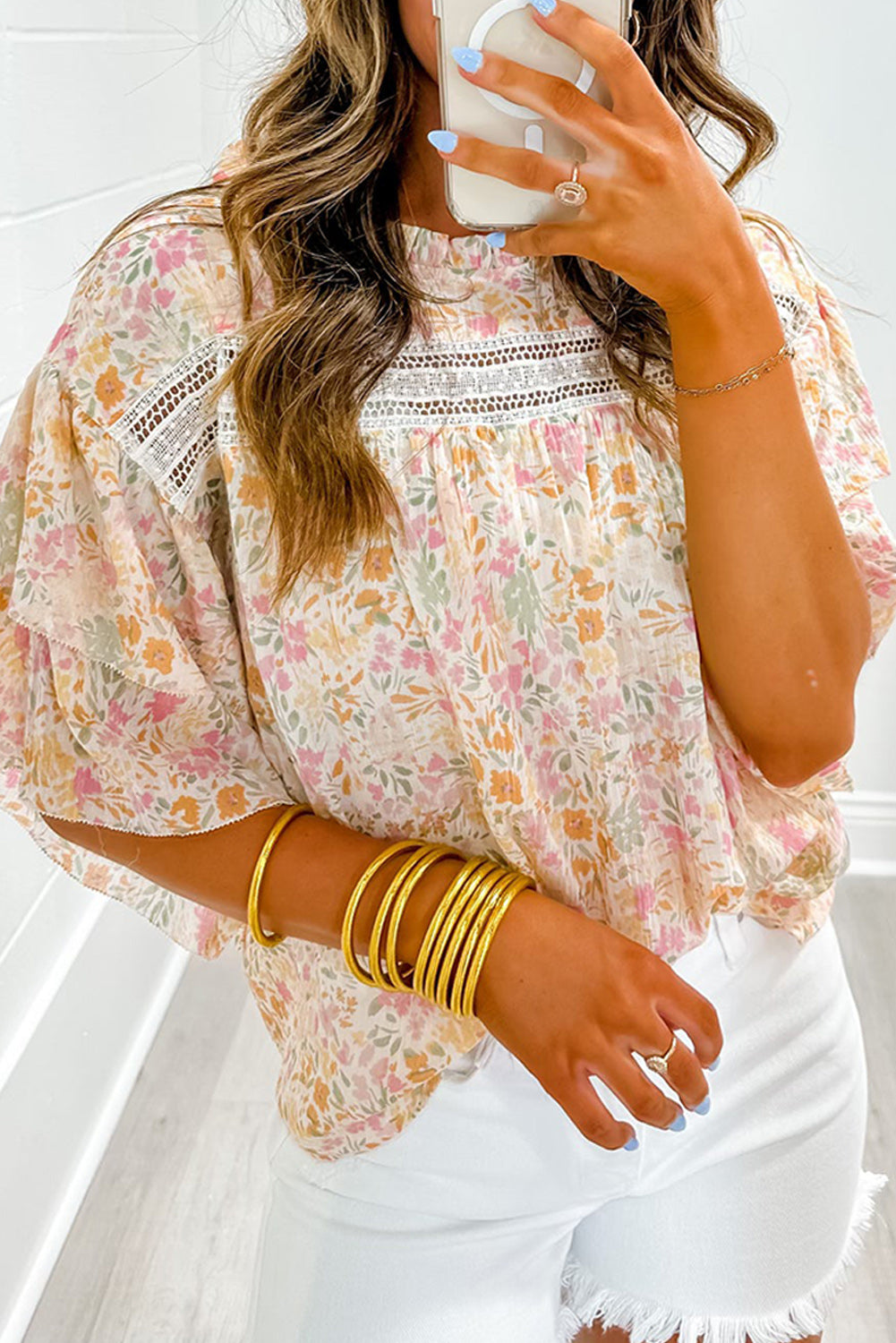 Multicolor Floral Print Wide Ruffle Sleeves Blouse | Tops/Blouses & Shirts