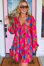 Load image into Gallery viewer, Rose Floral Print V Neck Bubble Sleeve Ruffled Mini Dress | Dresses/Floral Dresses
