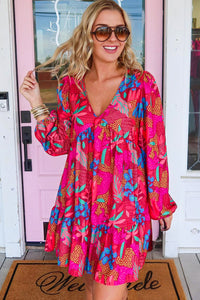 Rose Floral Print V Neck Bubble Sleeve Ruffled Mini Dress | Dresses/Floral Dresses