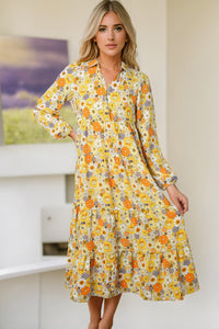 Yellow Boho Floral Collared Long Sleeve Ruffled Dress | Dresses/Floral Dresses