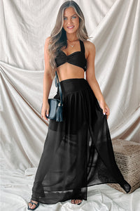 Beach Maxi Skirt | Black High Waist Chiffon Split Beach Skirt