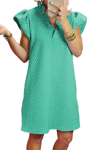 Mini Dress | Sea Green Textured Puff Sleeve Ruffled V Neck